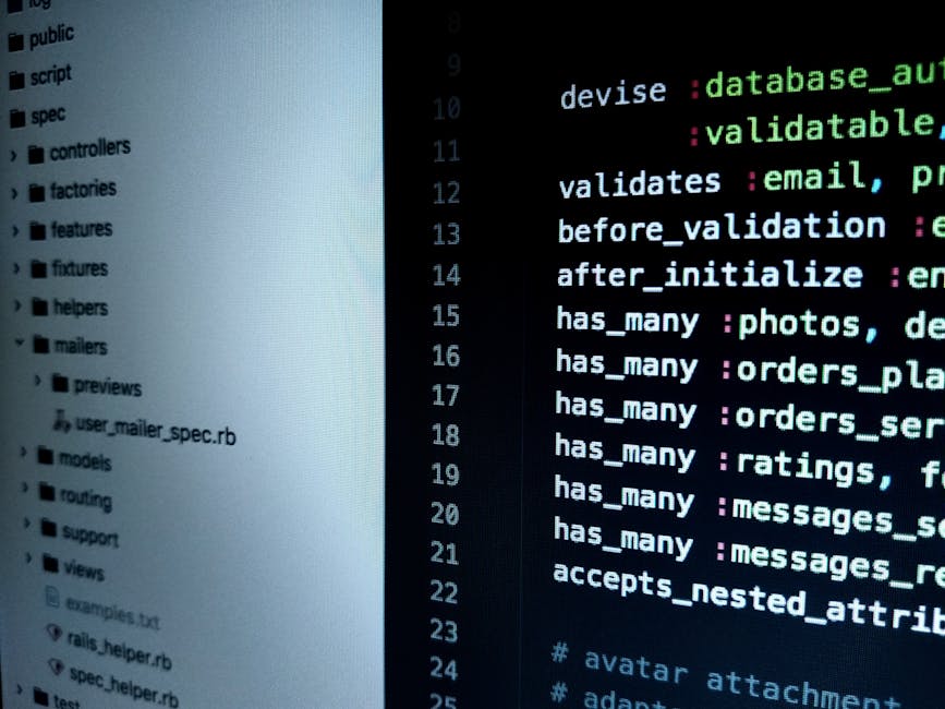 The image displays a computer screen with lines of code on a dark background, including syntax highlighting in green, blue, red, and purple. To the left, a light-colored sidebar shows a hierarchical f