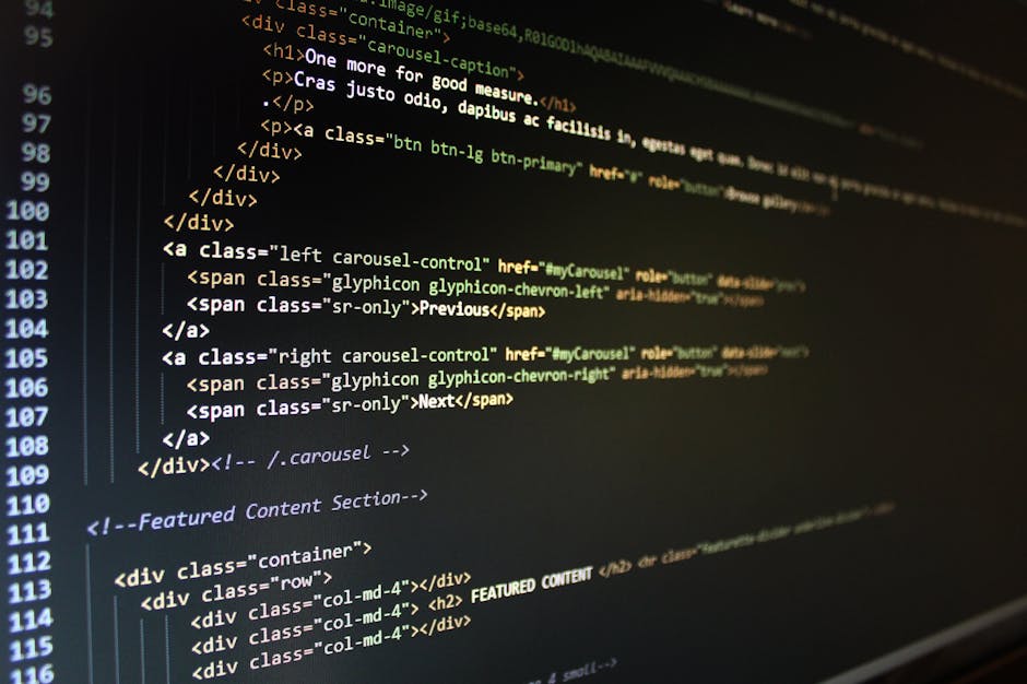 The image displays a computer screen with lines of code on a dark background, including syntax highlighting in green, blue, red, and purple. To the left, a light-colored sidebar shows a hierarchical f