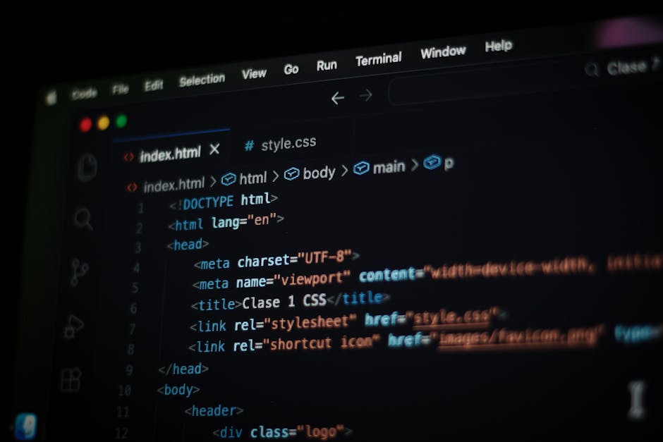 A computer screen displaying HTML code with visible tags such as <html>, <head>, <body>, and <title>, written in a text editor. The code is partially blurred, with some lines h